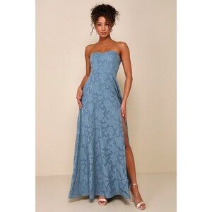 Lulus Garden Of Romance Dusty Blue Floral Burnout Strapless Maxi Dress - Size XL